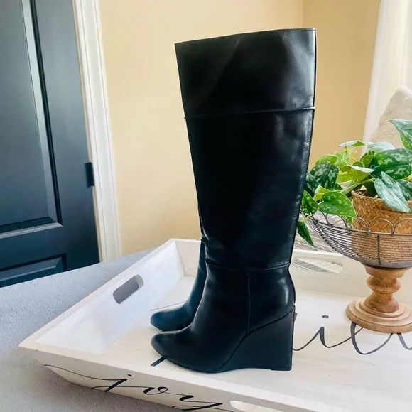 TORY BURCH Linette Smooth Leather Tall Black Wedge Knee High Riding Boots 8.5 - Picture 14 of 16